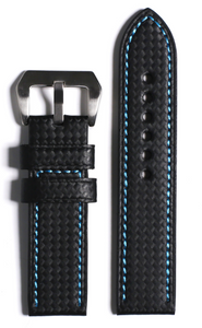 20 - 26 MM Genuine Leather Strap with Carbon Fiber Pattern - Black/Blue